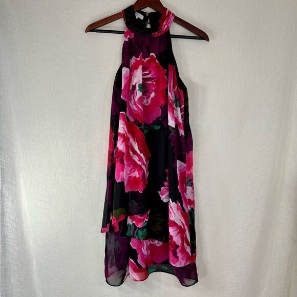 London Times Dresses & Skirts - London Times Floral Chiffon Halter Neckline Mini Dress Womens 6 Girlcore Glam